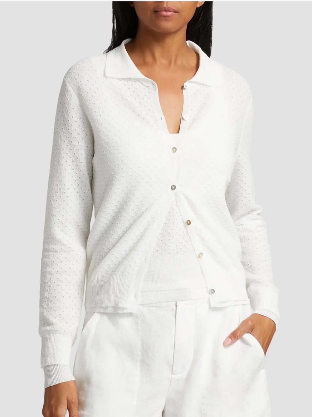 Vince Double Layer Mesh White Pointelle Button-Front Cardigan Quiet Luxury